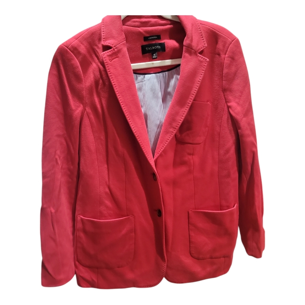 Talbots Aberdeen Knit Blazer Size 12 Red Button Front Patch Pockets Lined Collar